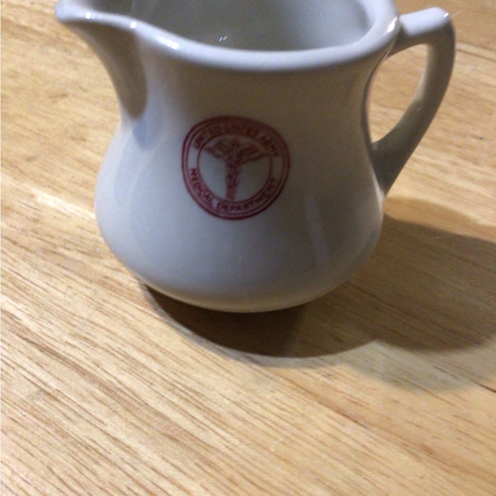 Vintage White Ceramic Army Creamer with Red Medical Emblem